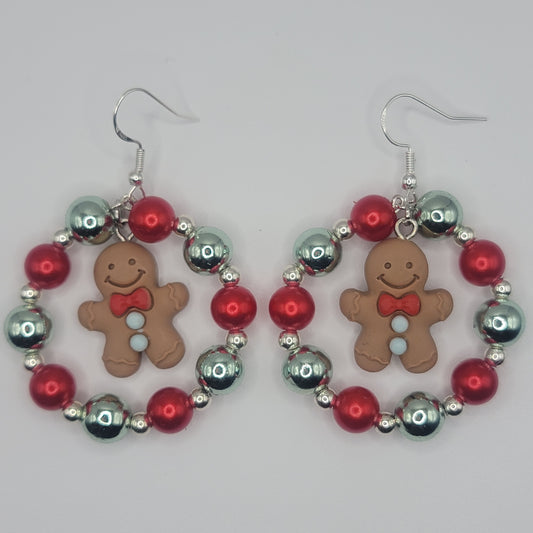 Handmade Christmas Ginger Bread Man With Beaded Hoop Earrings on Sterling Silver Hooks