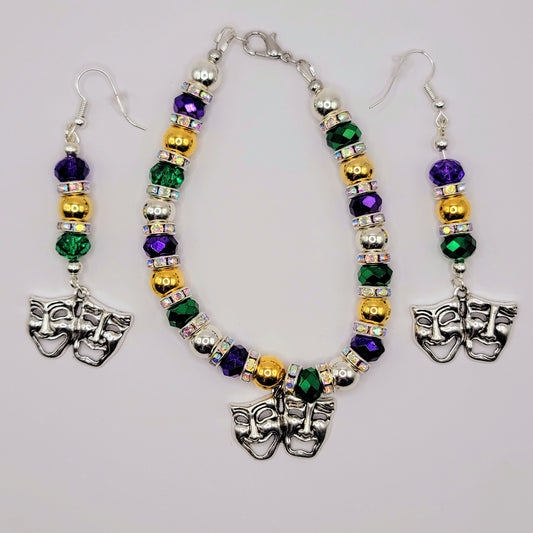 Handmade Beaded Purple, Gold and Green Mardi Gras Earring and Bracelet Set With Happy/Sad Face Charm