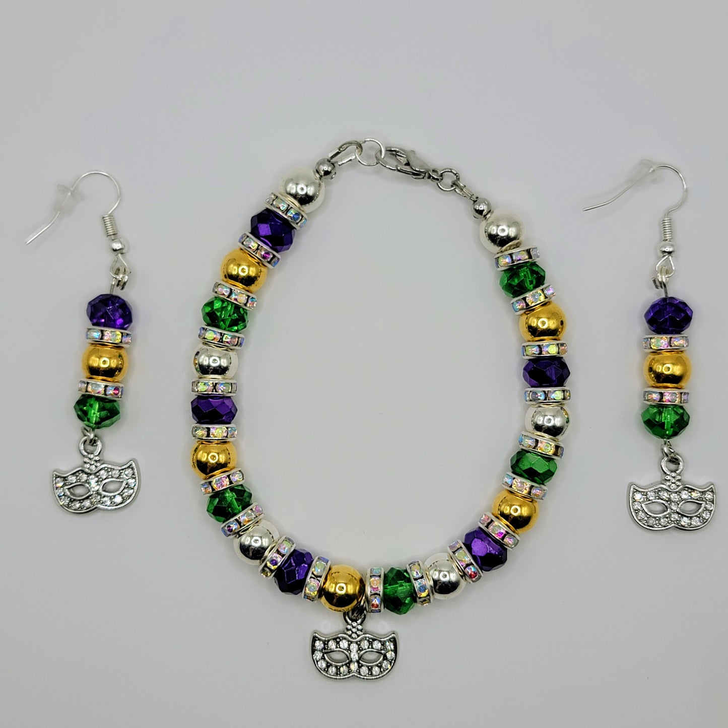 Handmade Beaded Purple, Gold and Green Mardi Gras Earring and Bracelet Set With Mask Charm