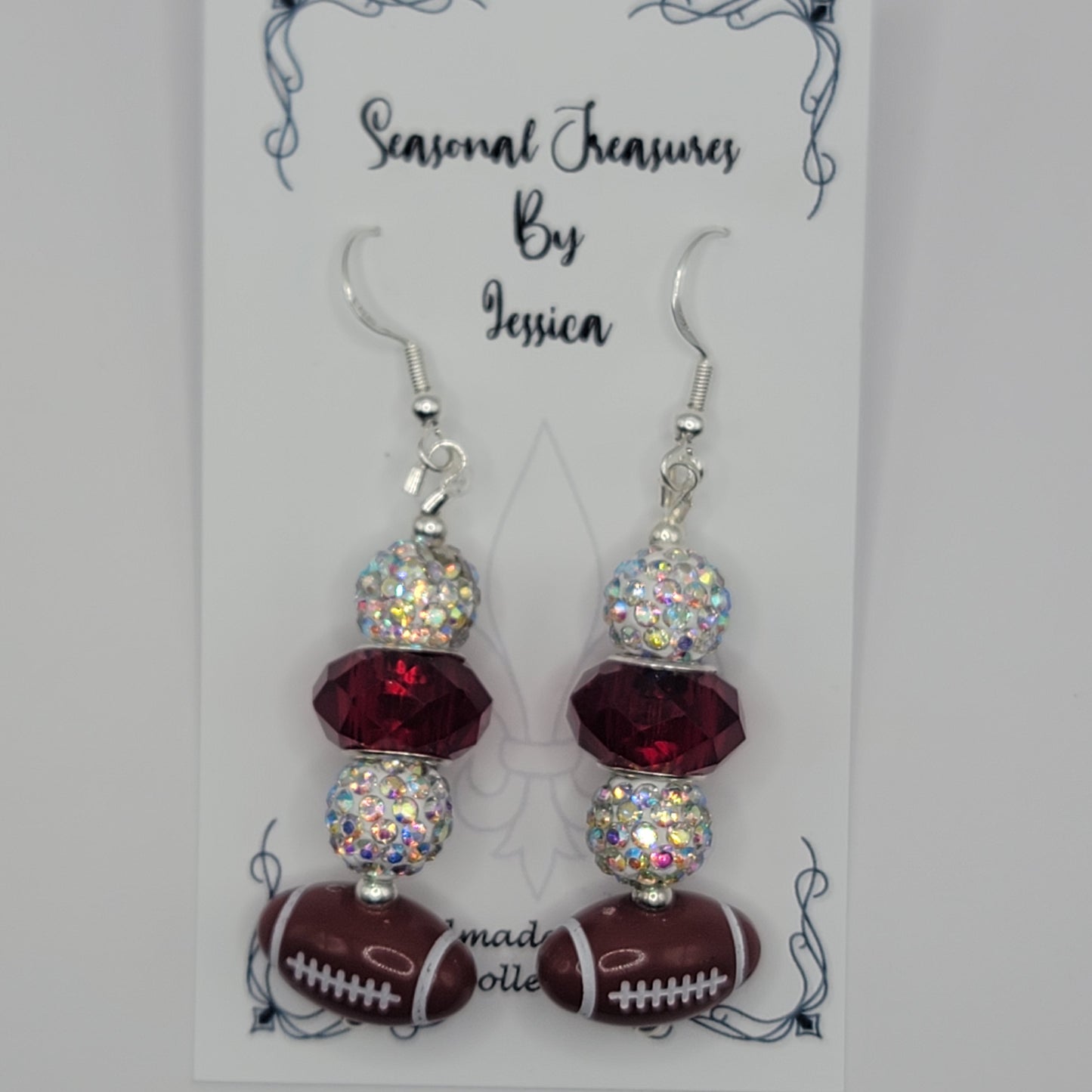 Handmade Red and White Beaded Football Earrings